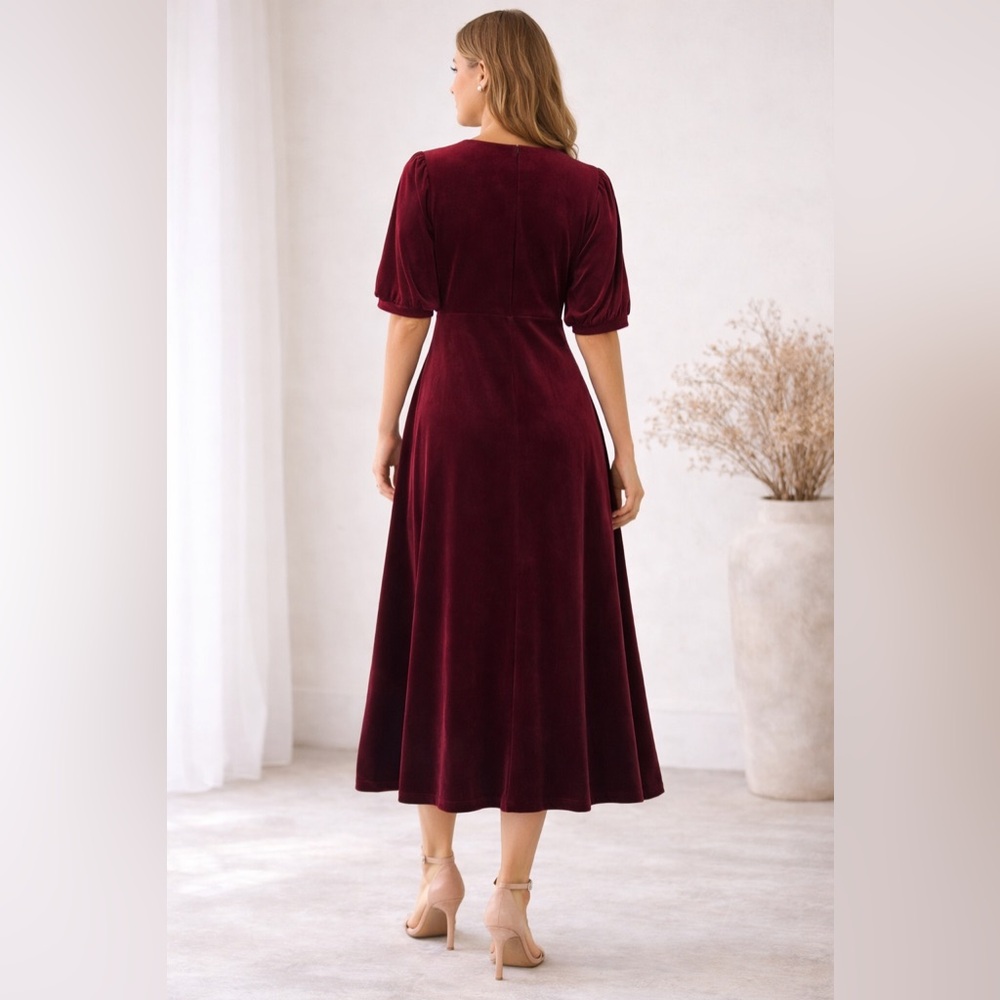 Briggs New York Burgundy Velvet Midi Dress XS Empire Waist Holiday NWT - Picture 2 of 11